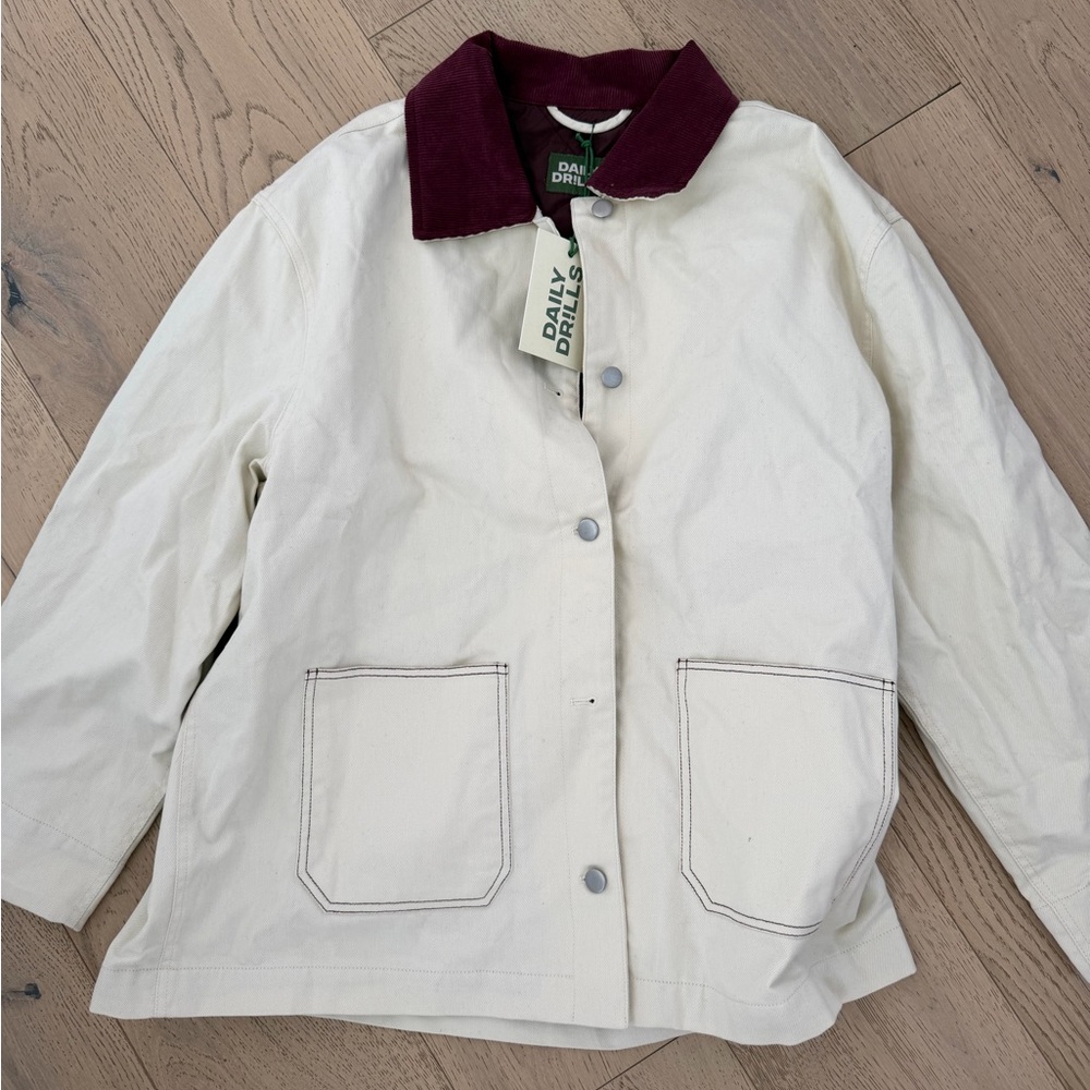 Daily Drills Cream Utility Jacket with Burgundy Collar